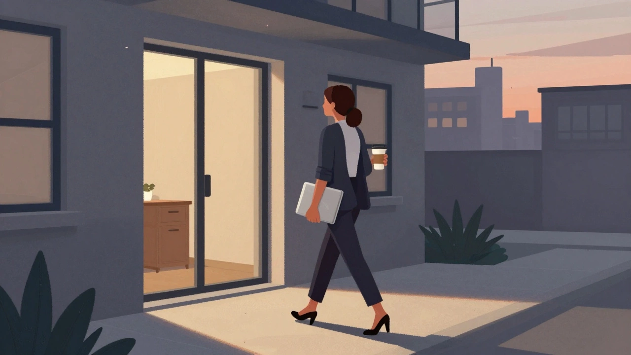A professional woman entering her apartment building at dusk, carrying coffee and a laptop.