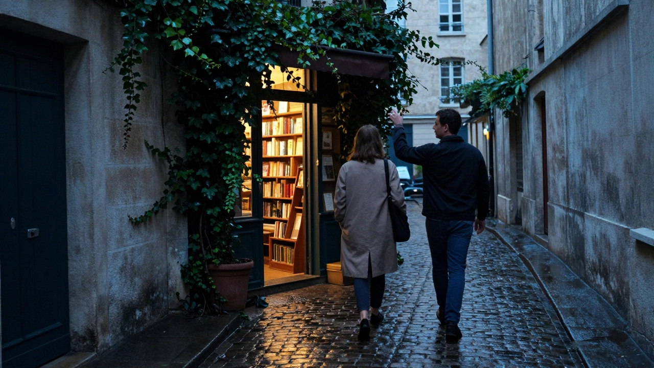 A woman shows a man a hidden bookstore entrance in a rain-slicked Paris alley at dusk.